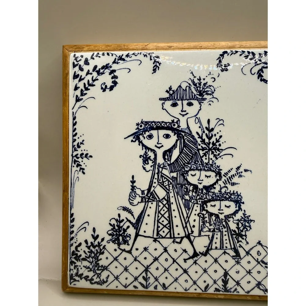 Vintage Bjorn Wiinblad Ceramic Trivet Blue White Danish Modern Wood Frame 6x6